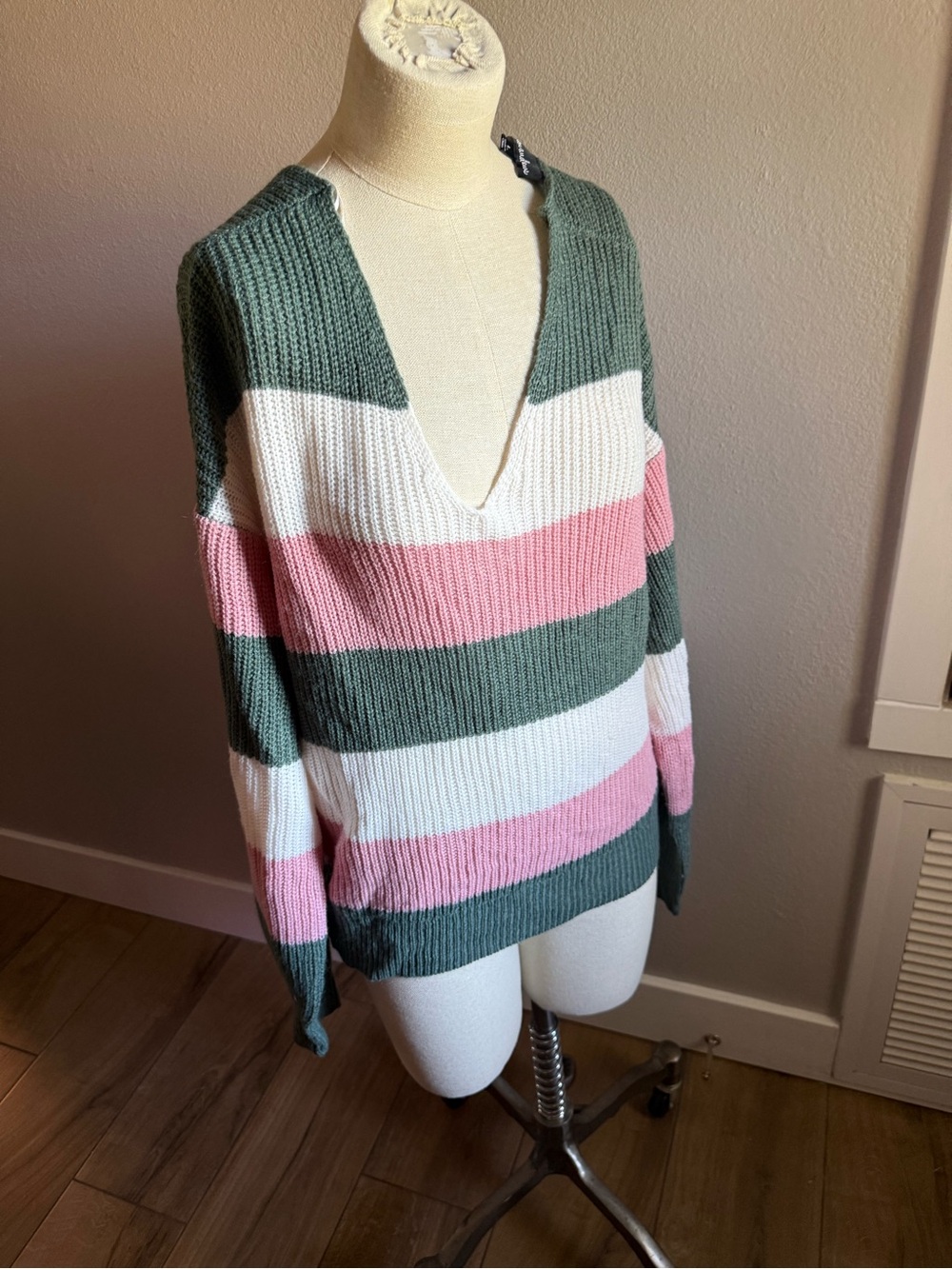 Striped V‑Neck Knit Sweater in Green, Pink & White